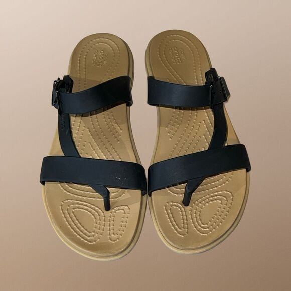 Women’s Crocs Black Tan Tulum Toe Post Sandals Size 6 - Picture 2 of 7